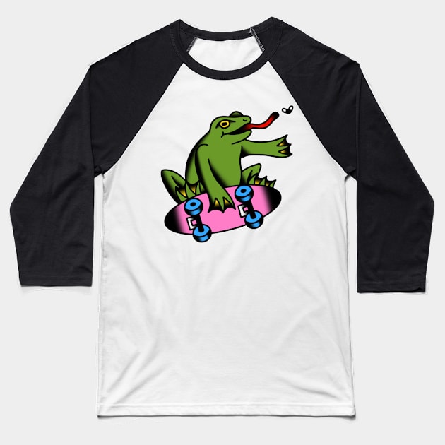 Skateboarding Frog Baseball T-Shirt by drawingsbydarcy